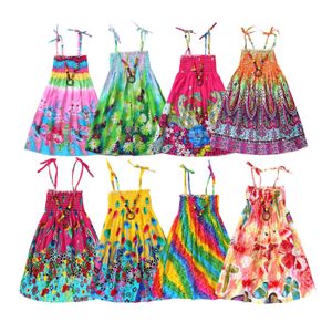Yaz Kız Gökkuşağı Plaj Elbise Prenses Genç Kızlar Keten Giysileri için 3 6 9 12 Yıl Kolye Hediye Q0716