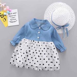 2020 Spadek Noworodek Niemowlę Baby Girls Dress Casual Denim Długie Rękaw Mesh Księżniczka Suknie + Kapelusz Maluch Dziewczyny Ubrania Vestidos Q0716