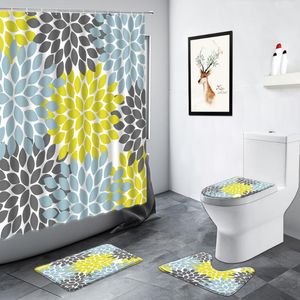 Tende da doccia Set di tende floreali creative Tappetino da bagno Grigio Giallo Fiore astratto Arredamento bagno Tappeto Tappetino antiscivolo Copri coperchio WC