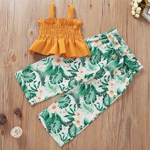 Sommarbarn sätter avslappnade rempläterade Ruffles Toppar Skriv ut Palm Leaf Floral Långbyxor 2PCS Tjejer Kläder 1-5T 210629