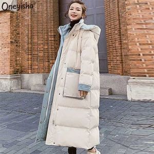 Vinter bomull vadderad jacka Koreansk Mid Length Kvinnors Oversize Over Knee Lång Varm Coat Vintage Down Parkas 211018