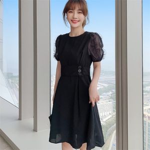 Kobiety Moda Dress Line Summer Elegancki Office Ol Black O-Neck Rękaw Puff Sleeve High Waist Casual Slim Szyfon 210519