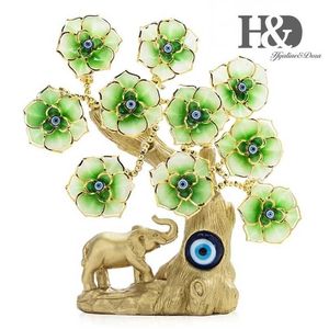 HD Zielony Kwiat Elephant Drzewo Turecki Feng Shui Zły Oko Dla Ochrony Bogactwo Good Luck Gift Home Decor Resin Figurine 211108