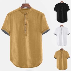 Botão de manga curta de linho de algodão sólido sólido masculino mais tamanho de camisa de tamanhos camisas de moda blusa para homens 210707