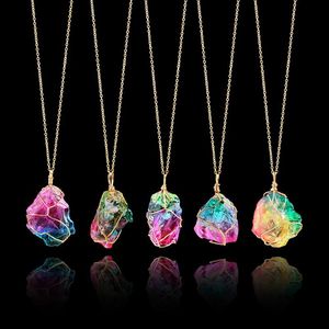 Regnbåge sten hängsmycke halsband mode kristall chakra rock halsband guld färgkedja kvarts för kvinnor gåvor