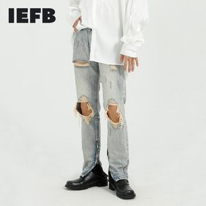 IEFB Calças Coreanas Slim Leggings Com Lado Perna Zipper Hole Vintage Hip Hope Jeans Streetwear Homem Denim Calças 9Y7350 210524