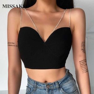 Missakso Seksi Elmas Zincirleri Kaşkorse Backless Bayanlar Dokuma Streetwear Kolsuz Moda Yaz Siyah Kırmızı Kadınlar Skinny Top 210625