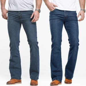 Herren-Boot-Cut-Jeans, leicht ausgestellt, schmale Passform, blau-schwarze Hose, klassische Designer-Jeans aus Stretch-Denim für Herren