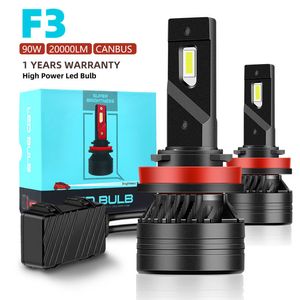 F3 90W Faróis de Carro H7 Led Canbus 20000LM Farol de Alta Potência H1 H4 H8 H11 9005 9006 Hb3 9004 9007 H13 9012 Lâmpada Turbo para carros