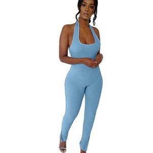 Sky Blue Women Jumpsuits Outfits Sommarprodukt Ärmlös Hög midja Skinny Sexy Rompers Overaller 210525