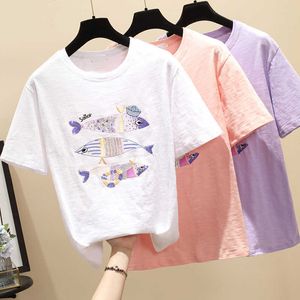 Harajuku Frauen Sommer Casual Plus Größe 3XL T-Shirt Fisch Pailletten Lila Rosa Weiß T-shirt Baumwolle Kurzarm Tops Kleidung 210604
