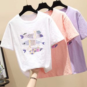 原宿女性夏カジュアルプラスサイズ3xL TシャツフィッシュスパンコールパープルピンクホワイトTシャツコットン半袖トップス服210604