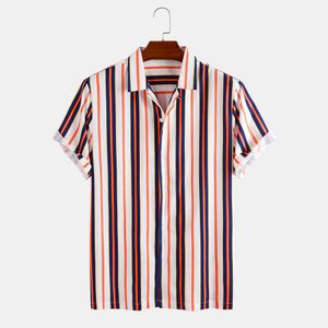 Мужские вертикальные полосатые рубашки воротную кнопку вверх рубашки с коротким рукавом вскользь праздник гавайская рубашка 210527