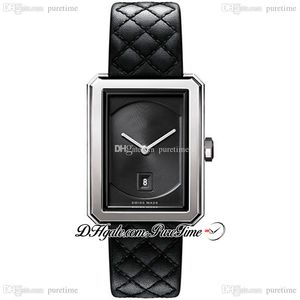 Menino-amigo H6585 Swiss Quartz Womens Watch Caso Médio de Aço Preto Guilloche Dial Strap Ladies Ladies Puretime F01A1