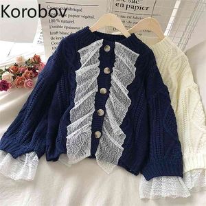 Korobov koreanska vintage söta o nacke kvinnor tröjor preppy stil spets patchwork kvinnliga cardigans nya höst vinter outwear 210430