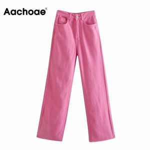Aachoae المرأة واسعة الساق الجينز الأزياء عالية الخصر القطن طويل الدينيم السراويل جيوب عارضة مستقيم سراويل فضفاضة pantalon 210922