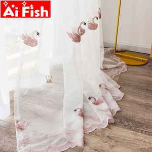Pink Cute Swan Gauze Bedroom Tulle Balcony Decorative Drapes White Embroidered Curtain Sheer Screens For Living Room MY146-40 210712