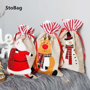 Stobag 18 * 30cmの綿の収納袋の年パーティーDIYクリスマスギフト包装用品サンタクロースパターンキャンディービスケット210602