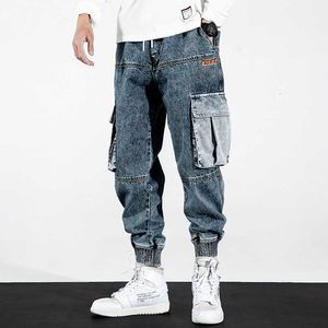 Mode Streetwear Men Jeans Högkvalitativa Retro Blå Casual Denim Cargo Pants Hip Hop Joggers Designer Wide Leg Harem Byxor