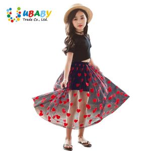 Meninas coração bordado longo maxi tutu saia para adolescente crianças meninas verão preto tulle menina dança barriga saias crianças roupas q0716