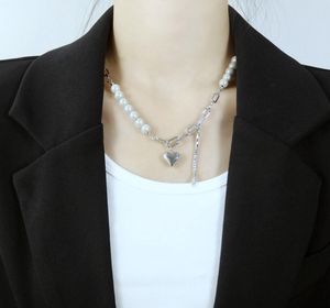 Weiße Perlenkette für Damen und Mädchen, Edelstahl, Liebesherz-Anhänger, Zirkonia, Schmuck, 18 Zoll + 6 cm, Ehefrau-Geschenke