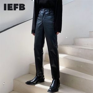 IEFB Simple Design PU кожаные брюки для мужчин прохладный прямой Ankel-длина PATNS мужской черный эластичный талия уличные брюки 9y4422 211212