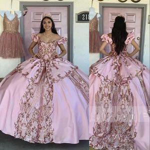 Bling Sexy Rose Gold Sequined Lace Quinceanera Dresses Ball Gown Off Shoulder Pink Satin Corset Back Tiered Sweet 16 Tulle Party Prom Evening Gowns Plus Size