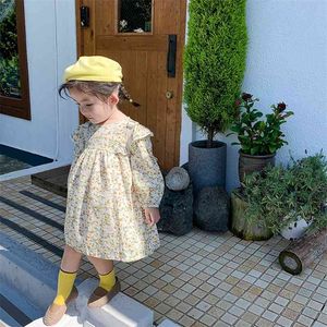 Весна осень милые девушки хлопок цветочные Falbala платье пастырский стиль детей с длинным рукавом платья 210708