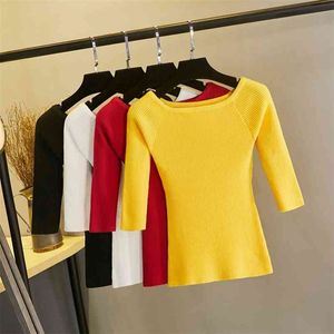 GIGOGOU Off spalla mezza manica maglione donna primavera autunno pullover top morbido maglione femminile sexy lavorato a maglia crop top Mujer Jersey 210812