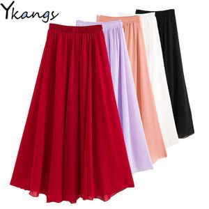 Women Chiffon Long Skirts Summer Solid All-Match Beach Skirt Autumn Elegant Maxi Skirts Plus Size Black Blue Pink White 210619