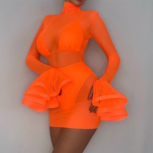 Summer Women Fashion Long Sleeve Ruffles Sets Sexy Lace Club Celebrity Party Orange 3 Three Pieces Bikini 210423