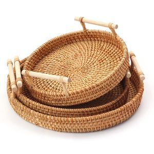Naczynia Płytki okrągły kształt ręcznie tkany koszyk rattan cukierki do przechowywania taca piknikowa chleb ekologiczny narzędzia kuchenne