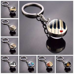 Piano Keychain Music Instruments Cleft Picture Glass Ball Key Chains Guitar Clarinet Flute Violin Pendant Keyring Dropshipping G1019