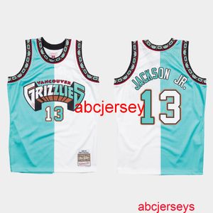 Dikişli Jaren Jackson Jr. #13 1998-99 Split White Teal Jersey Herhangi bir isim numarası ekleyin