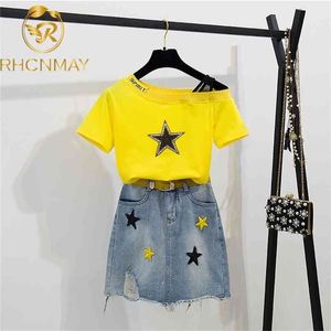 High Quality Summer Skirt Suits Women Yellow Sequined Stars Slash Neck T-shirt + Denims Embroidery Tassel Skirts Set 210506