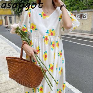 Chic Korean Sweet Fresh V Neck Puffed Puff Short Sleeve Floral Dress Loose Vestidos de Mujer Fashion Summer Women Clothing 210610