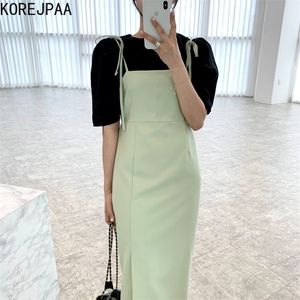 Korejpaa Women Sets Summer Korean Chic Ladies Simple Basic Round Neck Loose Puff Sleeve Shirt Slim-Fit Slit Sling Dress 220302