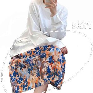 Oil Print Skirt Women Mid-length A-line Loose Beach Fashion Elegant High Waist Slim Skirts Female LR1199 210531