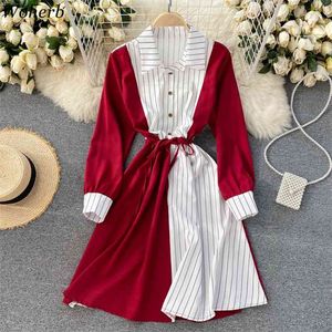 Elegant tröja Klänning Kvinnor Långärmad Kontrastfärg Striped Patch Klänningar Kontor Lady Midi Robe Koreanska Chic Vestidos 210519