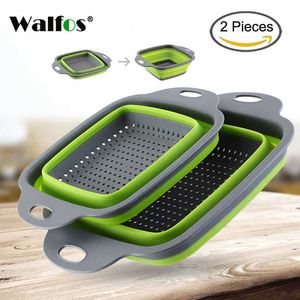 Walfos 2pcs / set vikbar silkorg Kollapsibel Colander Sets Fyrkantig Form Frukt Vegetabilisk Tvättavlopp Kök Korgar 210626