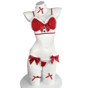 Women Erotic Christmas Lingerie Red Bow Deep V Bra Thong Set Cute Cosplay Costumes Sexy Party Sleepwear Gift for Lover Y0913