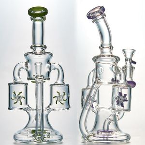 In Stock Hookahs Unique Glass Bongs Double Recycler Bong Propeller Spinning Perc Oil Dab Rigs Green Purple 14mm Water Pipes With Heady Bowl