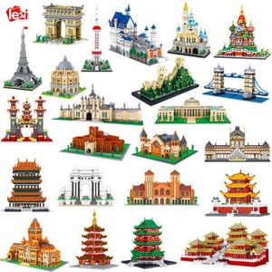 Världsarkitektur Eiffeltornet Brie Great Wall Louvre Museum Slott DIY Mini Diamond Blocks Bricks Byggnad Toy No Box X0503