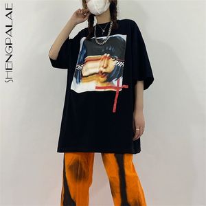 Harajuku Face Imprimir Tops Verão das Mulheres Redondo Pescoço Streetwear Loose Short Manga T-shirt Fêmea 5C308 210427