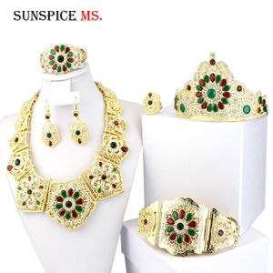 Sunspicems Marocko Bröllop Smycken Satser Guldfärg Drop Earring Ring Bangle Halsband Crown Caftan Belt Arabiska Dubai Smycken H1022