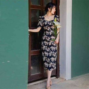 Chiffong blommig tryck klänningar fyrkantig krage kortärmad sommarskede tunika mittkalv vestidos defesta elegant 210603
