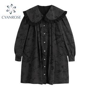 Peter Pan Collar Curto Vestido para Menina Cardigan Retro Floral Impressão Gothic Mulheres Mola Manga Longa Oversized Black Vestidos 210515