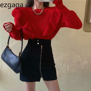 Ezgaga knit tröja jumper kvinnor våren mode o-nacke lösa ruffles outwear varma pullover damer koreanska toppar casual 210430