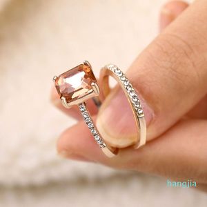 Кластерные кольца 2 шт. Розовое золотое квадратное Большой Zircon Deluxe Round Mell Crystal Wedding Geometry Обручальное кольцо Размер 6-10 капель