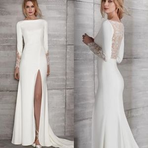 Semplice abito da sposa a sirena in raso bianco sexy lato alto spacco illusione schiena spiaggia abiti da sposa in pizzo maniche lunghe corte strascico abiti da ricevimento sposa formale 2022